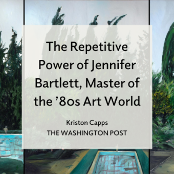Painting showing green trees and blue pool and sky with text overlaid reading: The Repetitive Power of Jennifer Bartlett, Master of the '80s Art World Kriston Capps The Washington Post