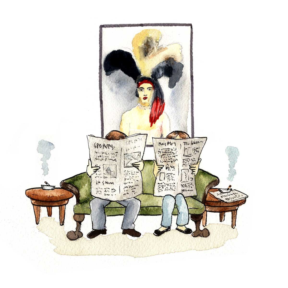 Illustration of two people reading newspapers sitting on a coach with cigarettes