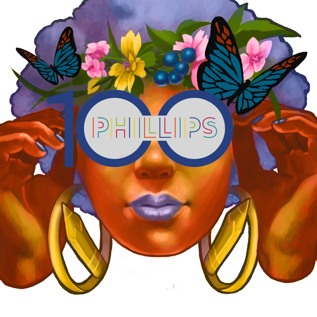 Colorful illustration of a woman with flowers and butterflies in her hair and large gold earrings and with the Phillips Centennial logo as glasses