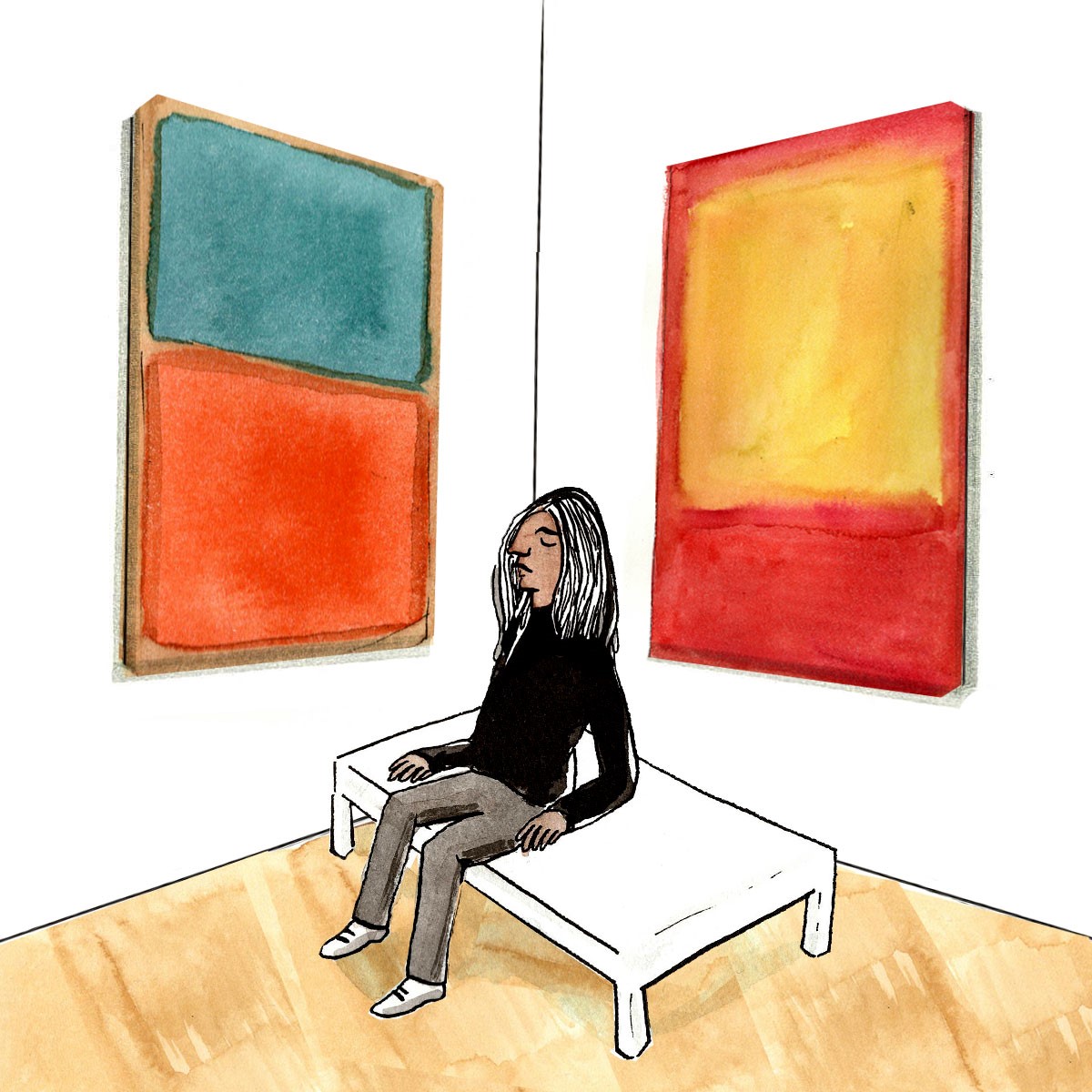 A woman sitting on a bench in between two paintings of colors