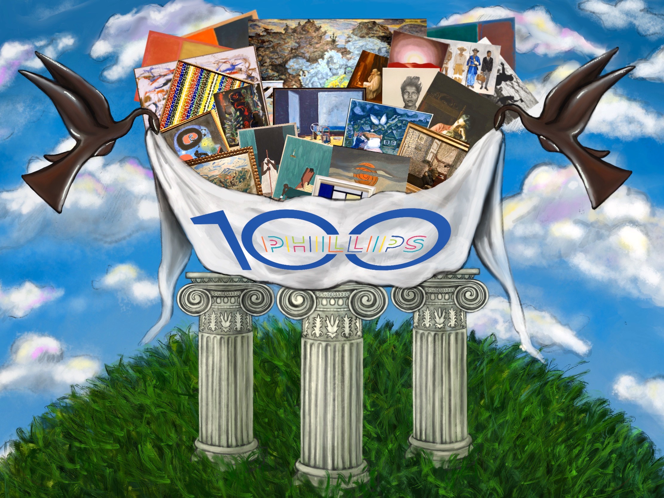 Illustration of a collage of Phillips artworks being held up by columns and black birds