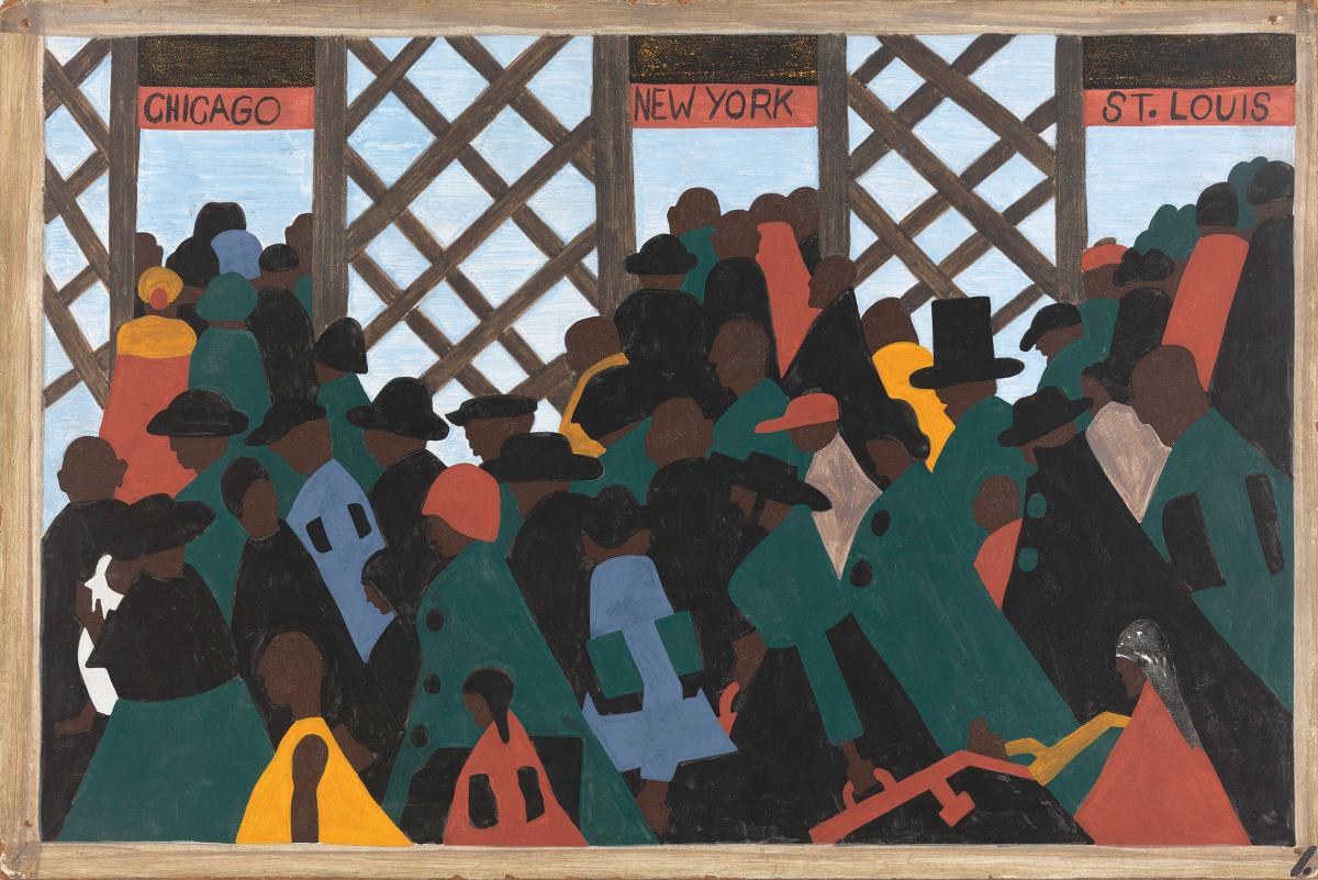 A painting of a large crowd of people at a train station heading to Chicago, New York, and St. Louis