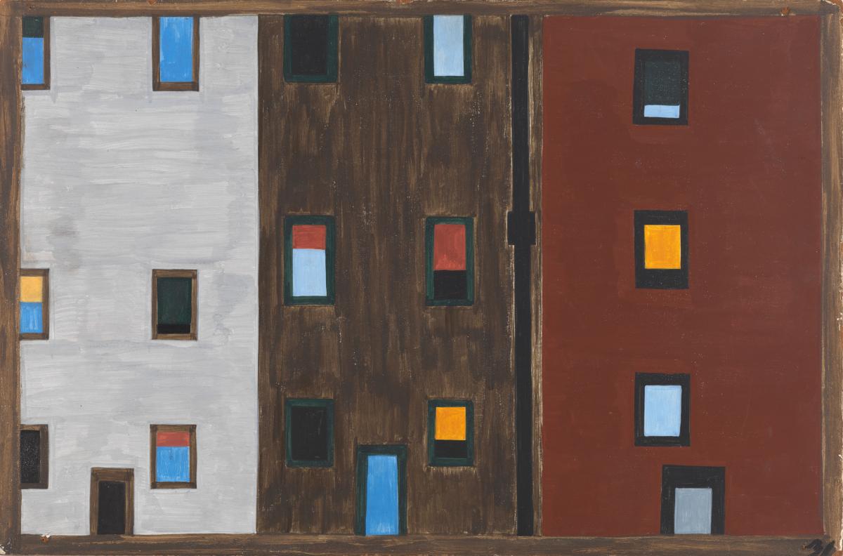 Three high rise apartments, one grey, one dark brown and one rust colored with many colors of windows.