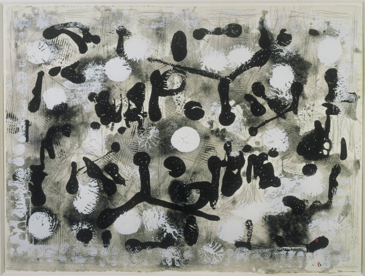 An abstract work on paper of black and white shapes and splatters