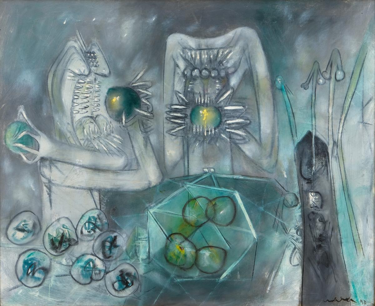 Surrealist artwork with monsters holding round shapes in blues, greens, and silver