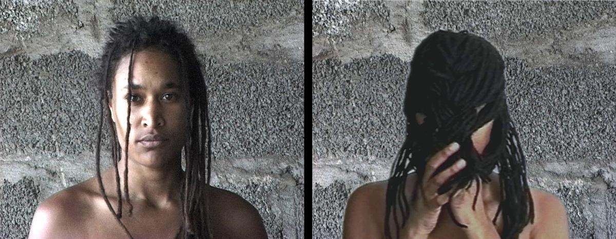 film stills of young african-american person, looking at the camera and then with their face obscured by hair