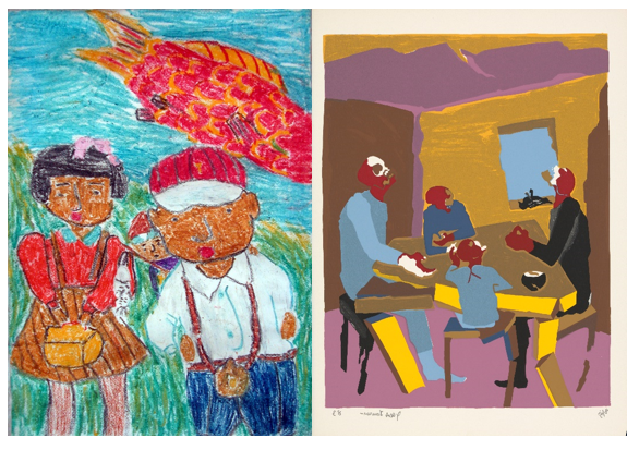 a duo of works, one a child's drawing, paired with a work of Jacob Lawrence