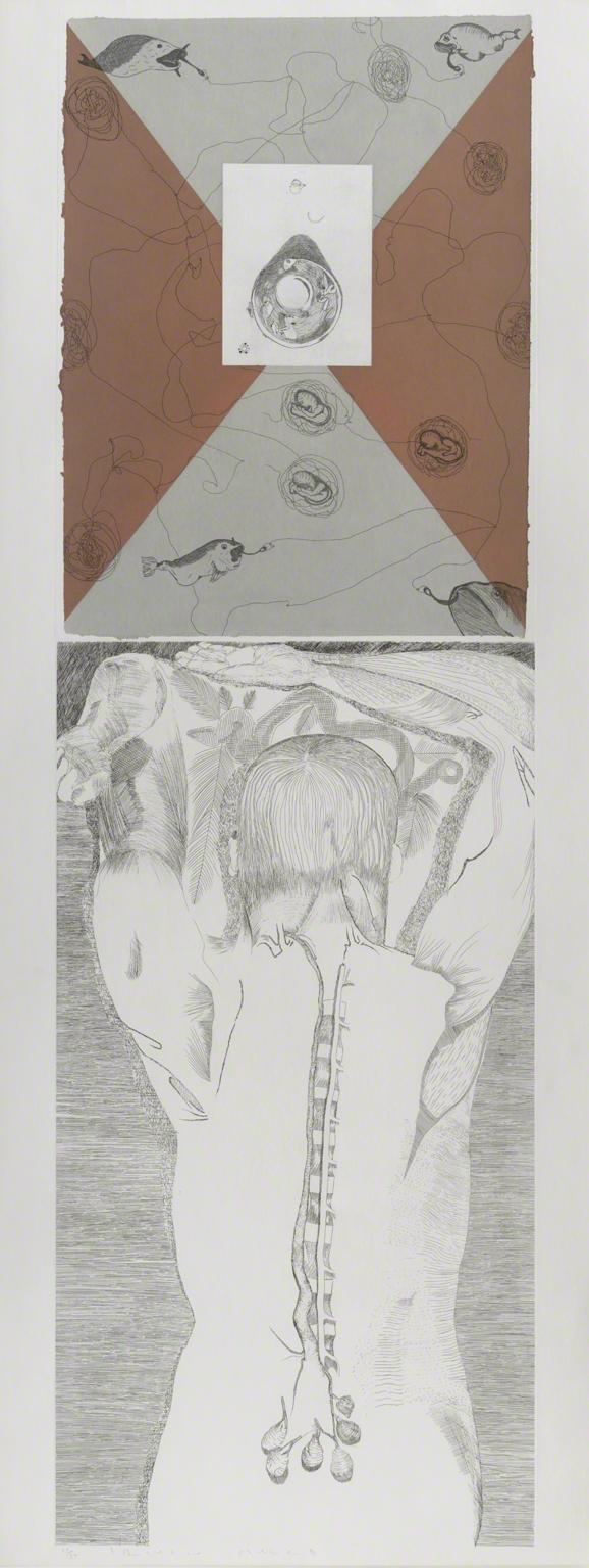Print split in two with both half depicting reverse of nude male with exposed spine