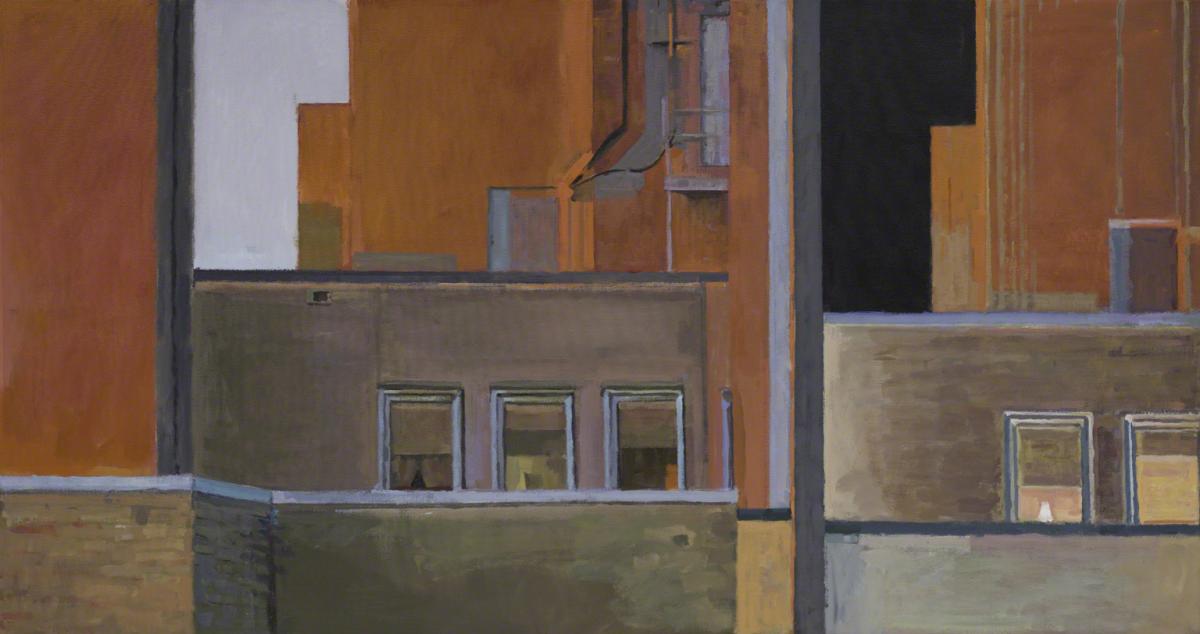 Painting of the rooftops of several apartment buildings hung vertically 