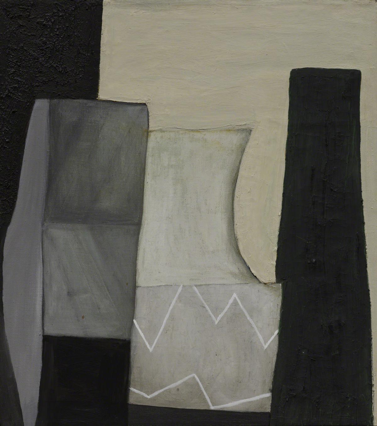 Abstract painting with shapes in various sizes in black, white, and grey