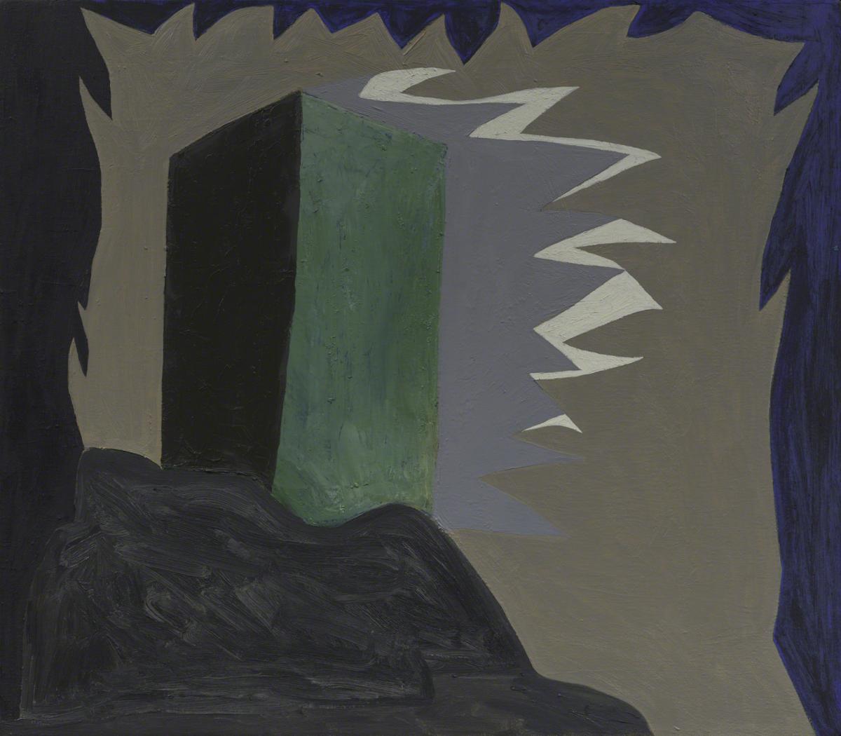 Painting of a rectangular green building with white and grey flames