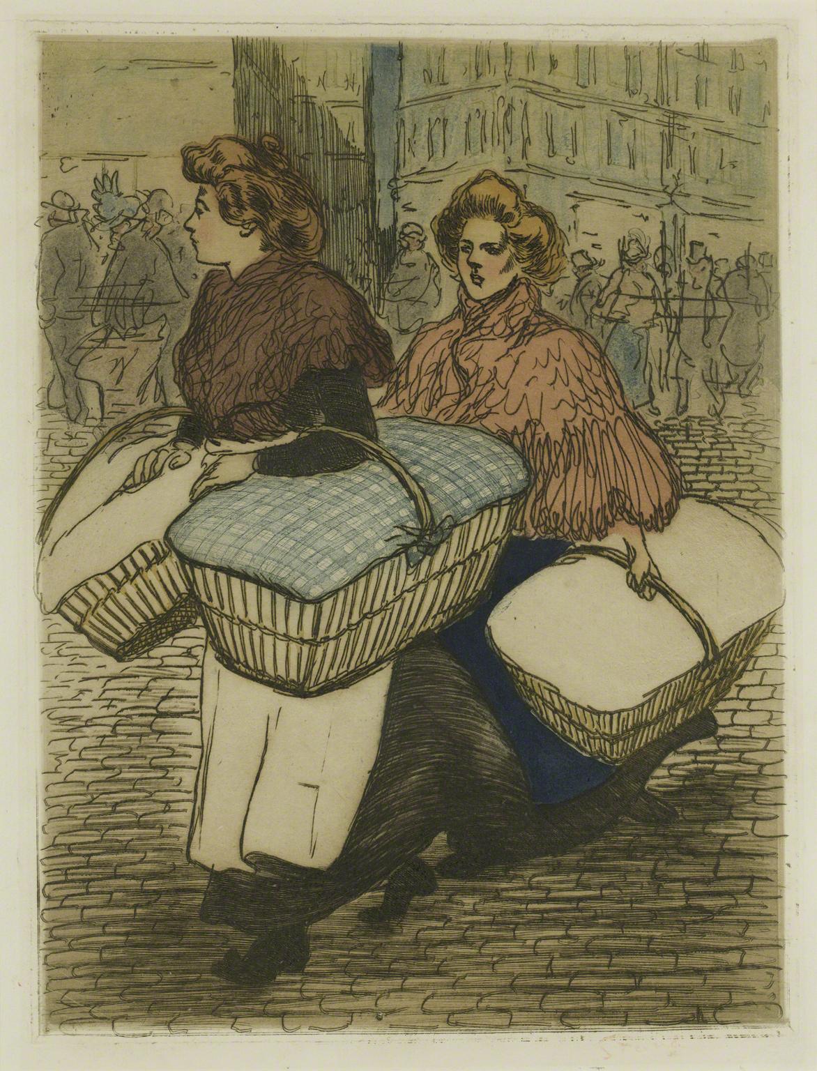 Street scene with two women in late 19th century attire carrying baskets
