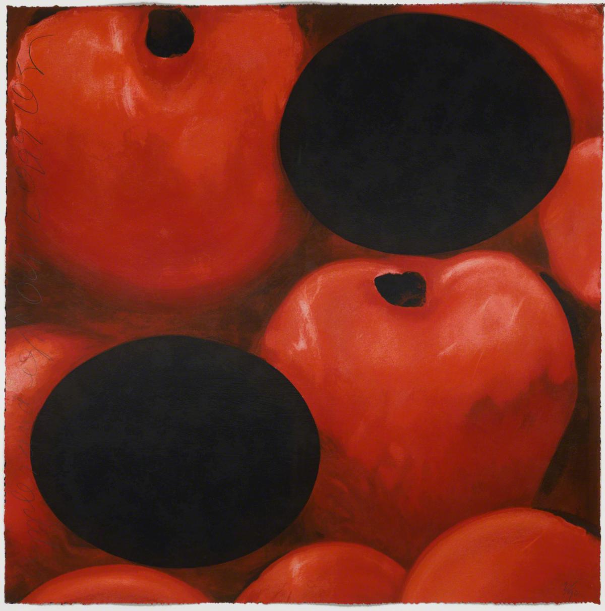 Large work on paper depicting red apples with two egg shaped black spots