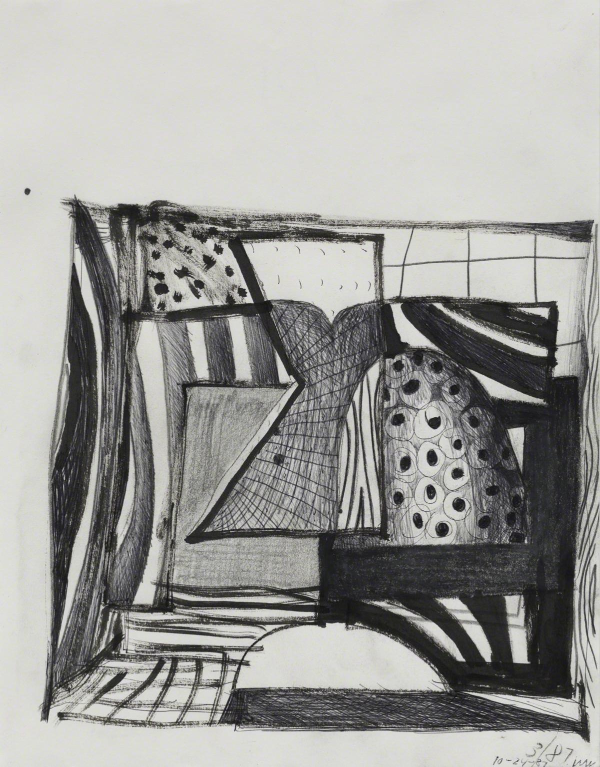 Abstract drawing in black ink on paper depicting various shapes with stripes and circles
