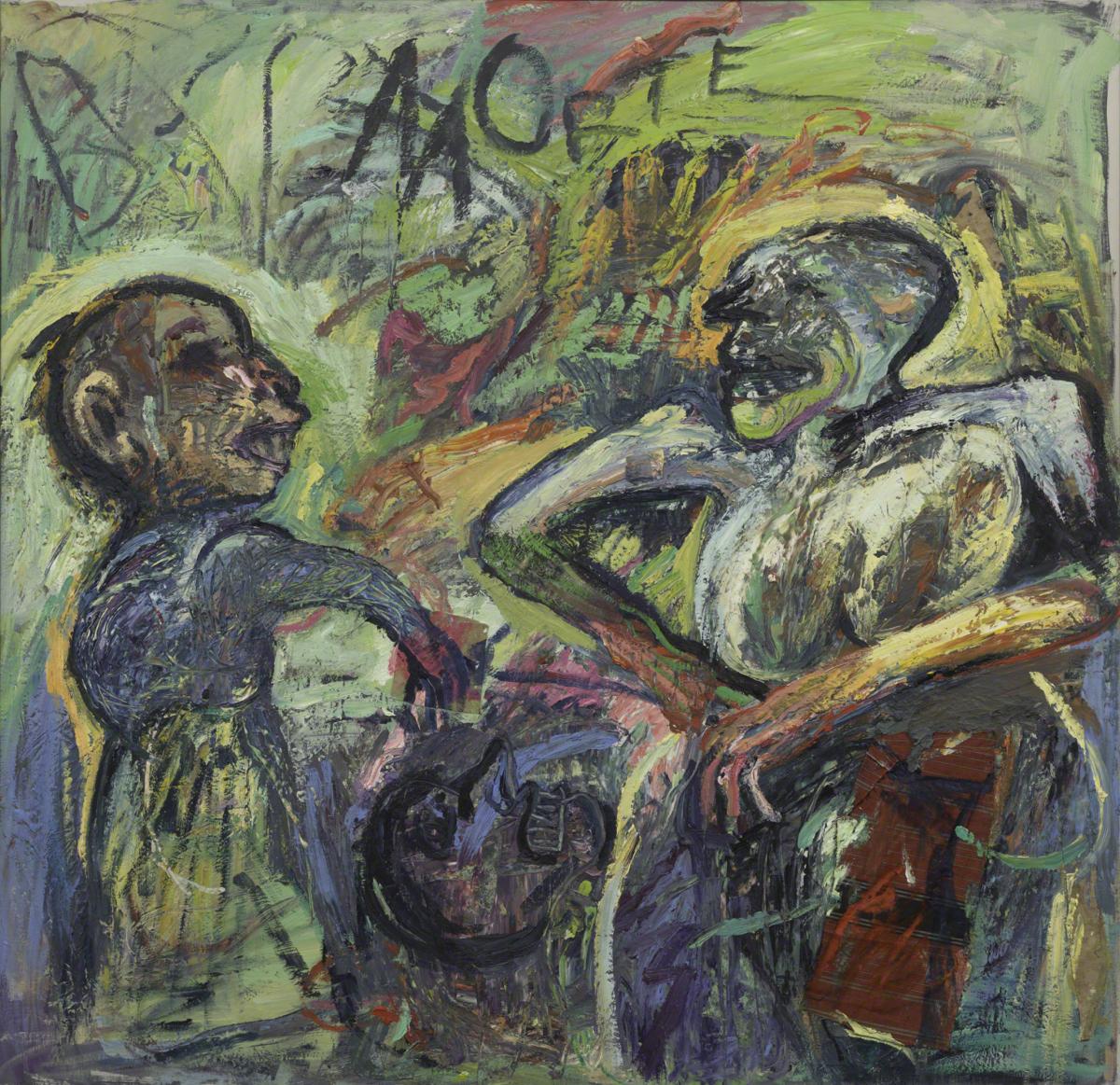 Painting of two abstracted figures with writing behind