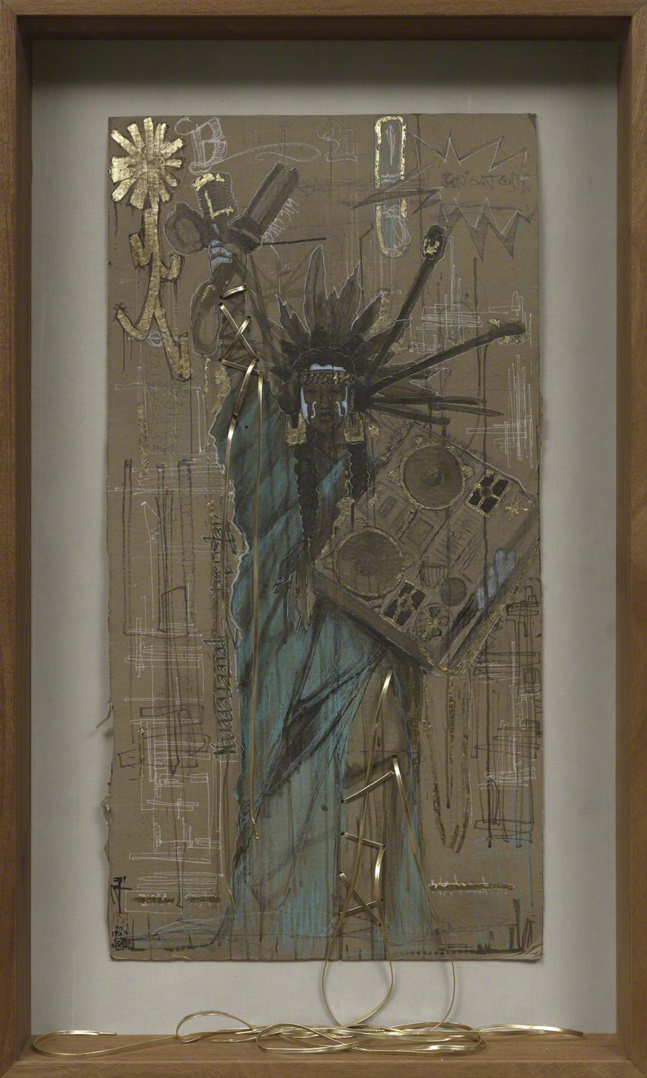 Drawing on carboard of the Staute of Liberty as a Native American woman holding a stereo with accents of gold and blue, green
