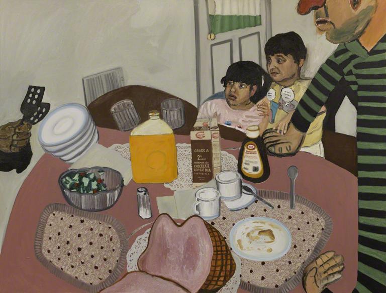 Painting of two children looking frightened while a figure in green and black stripes stands by their side next to a set diner table. A hand on the left holds a spatula