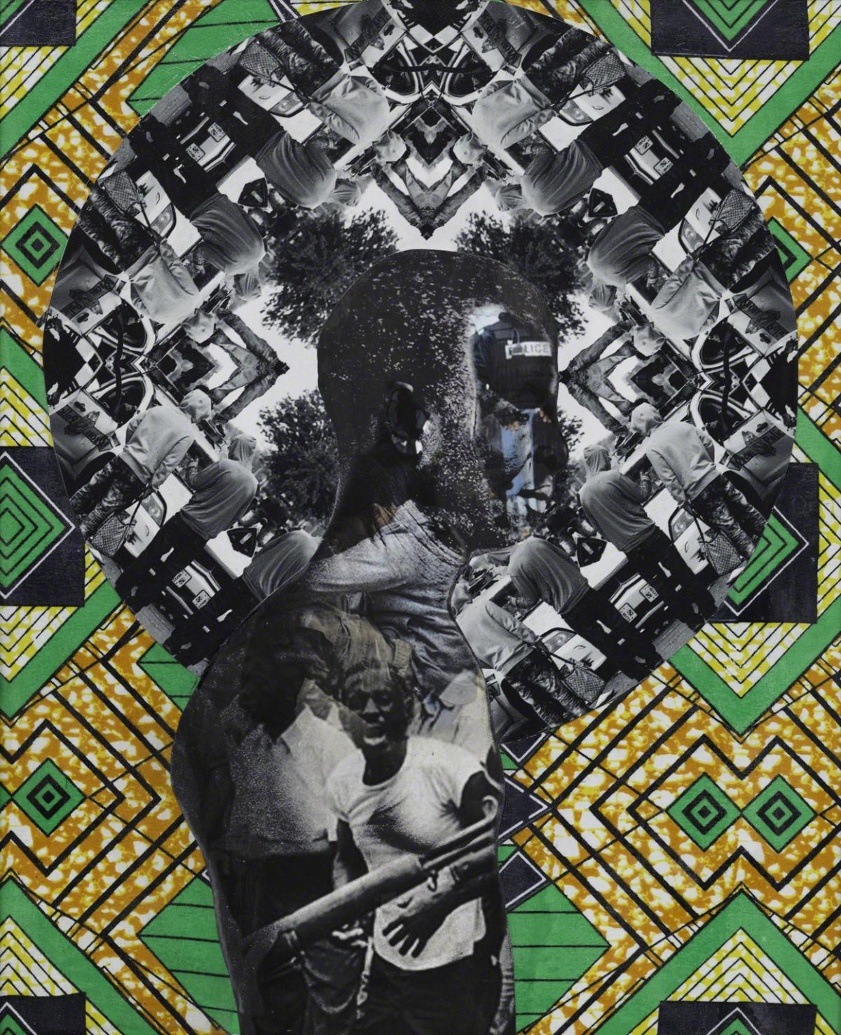 Image of a black man in profile with a halo superimposed with various images set against green and yellow diamond patterns 