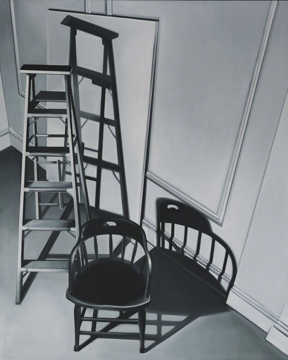 Painting in grey scale of a ladder behind a chair casting shadows on a wall 