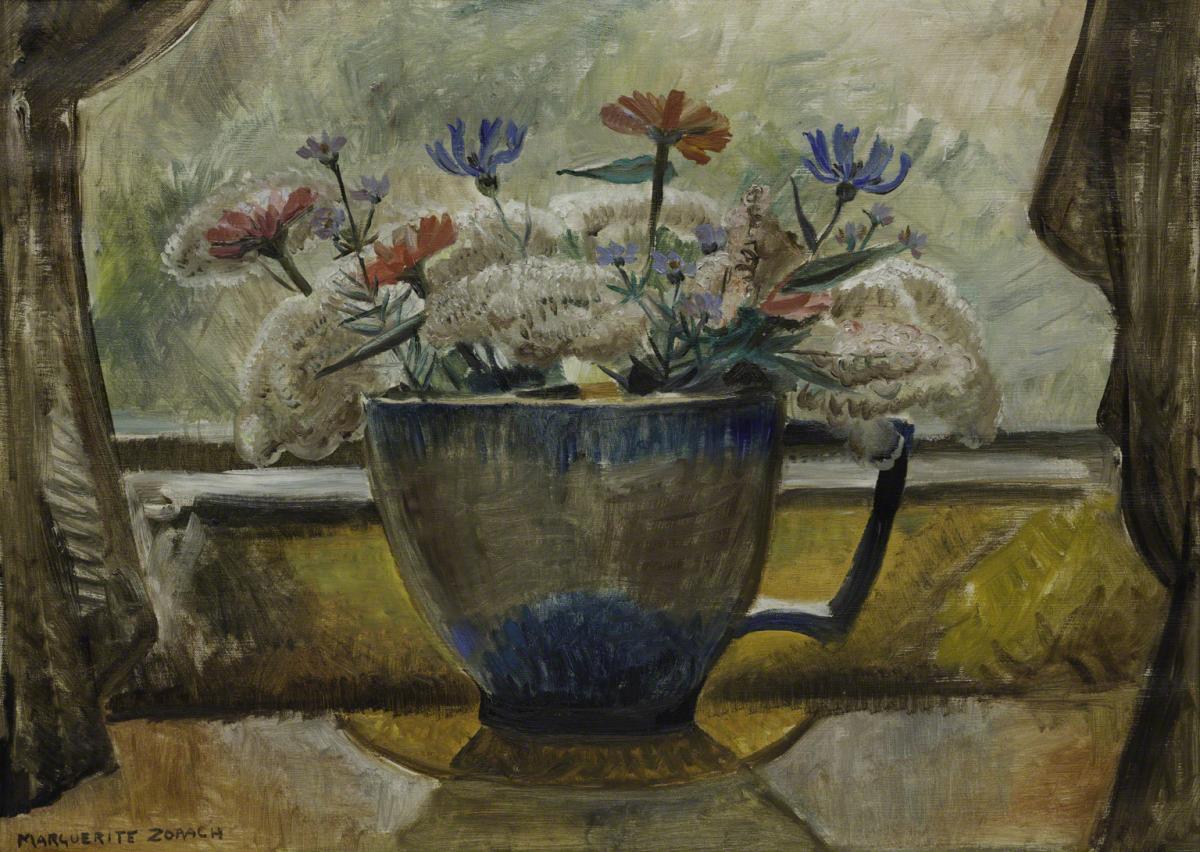 Painting of red, blue, and white flowers in a small cup like vase with window and curtains as background
