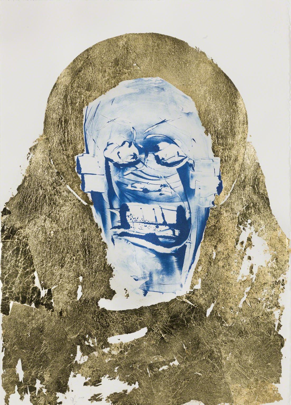 Portrait of an abstracted face in blue with gold leave halo on paper