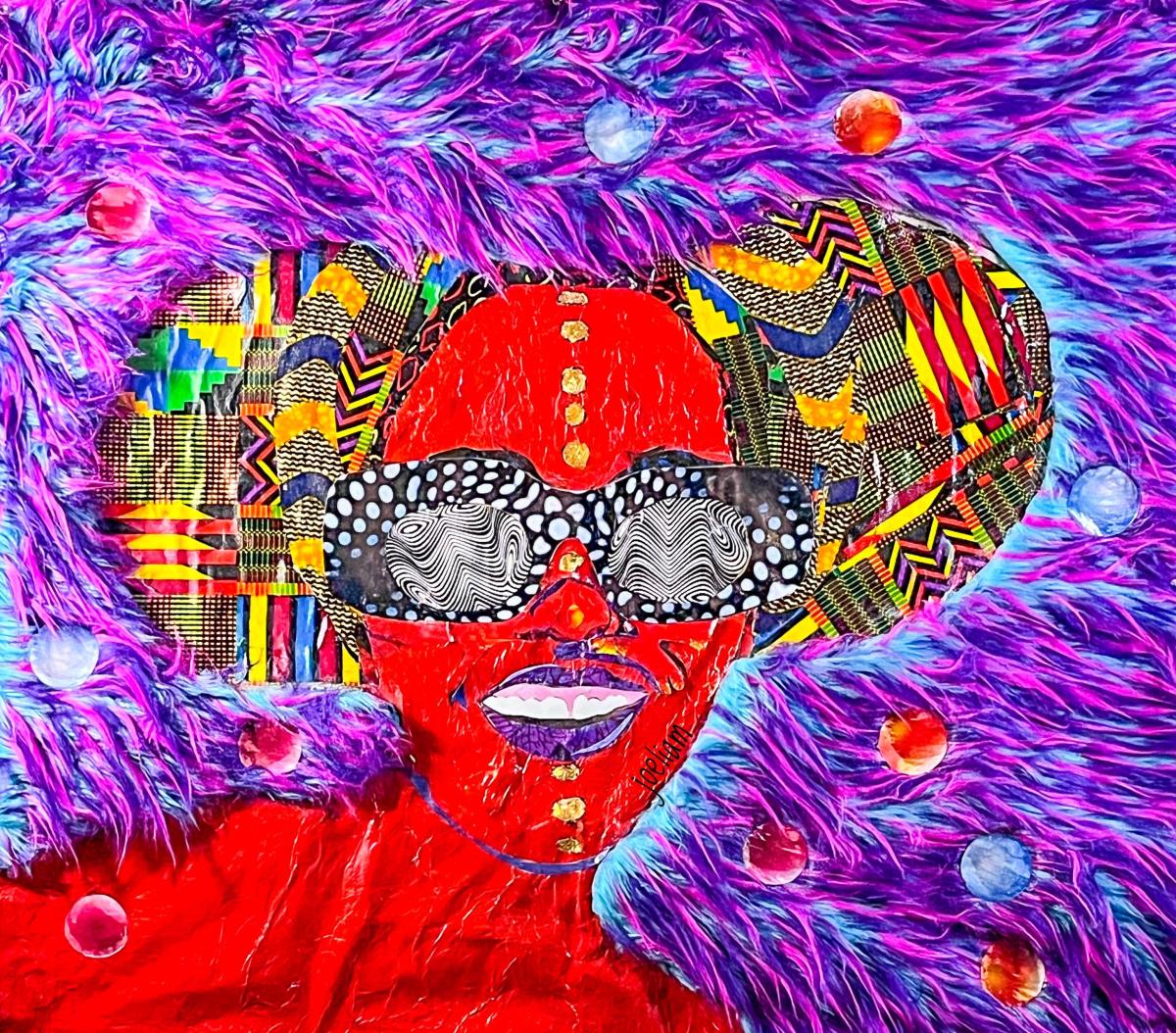 A neon-colored abstract collage of a woman with colorful patterns and background