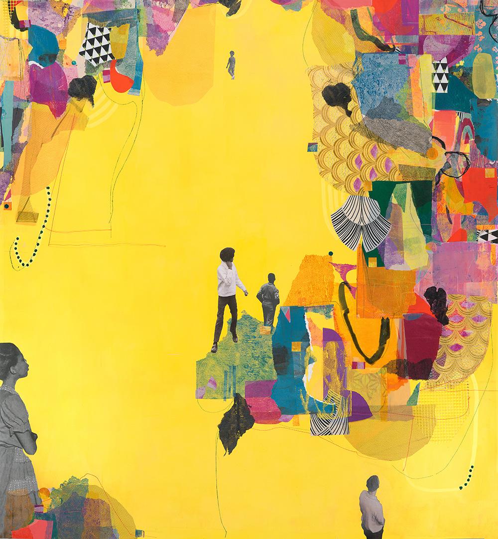 Collage with yellow background and colorful shapes and a few small figures 