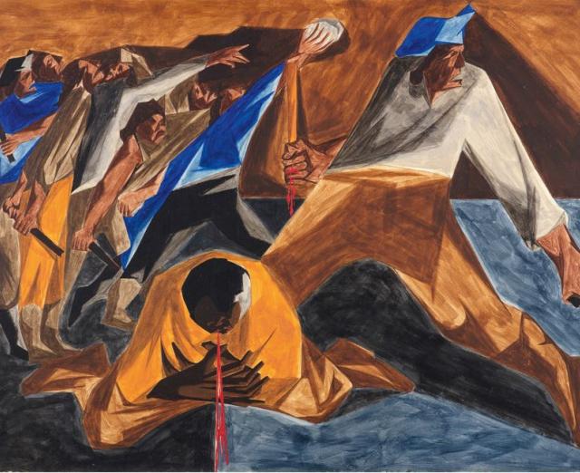 Jacob Lawrence's Panel 2 from Struggle Series depicting abstract figures in a battle