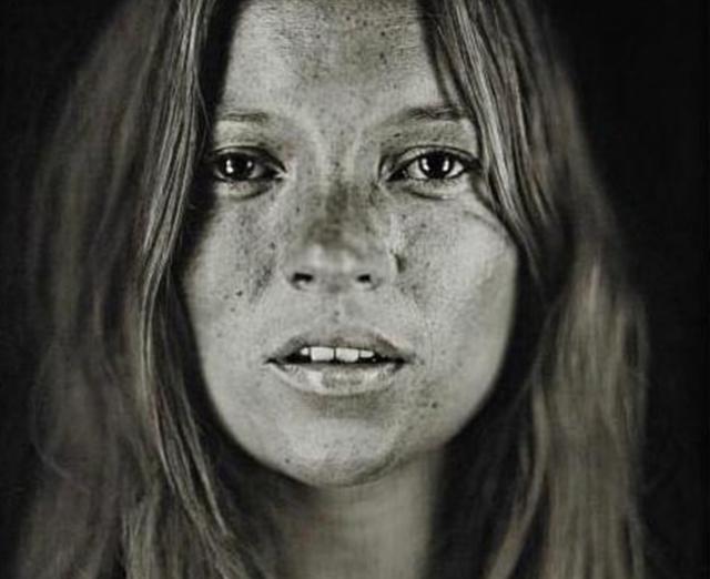 Close up image black and white of Kate Moss by Chuck Close