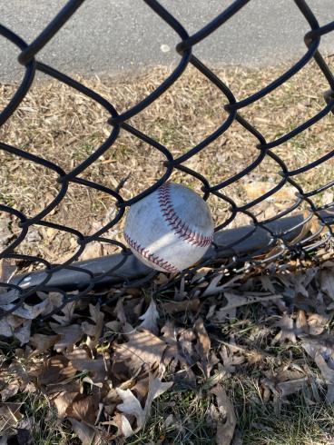 Photograph of a baseball stuck in the bottom of a chainlink fence