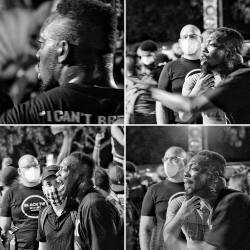 Collage of photographs of a man at a protest