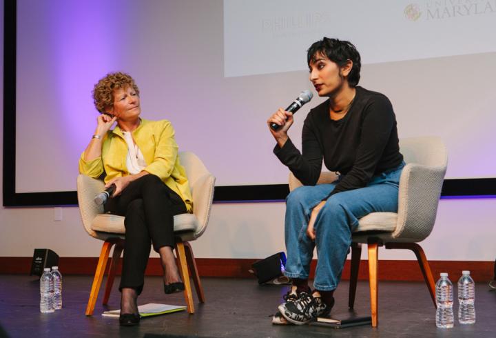 Fatimah Asghar and Susan Dwyer on stage at the 2017 International Forum