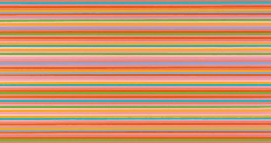 Painting with thin horizontal stripes mostly in reds, oranges, and yellows