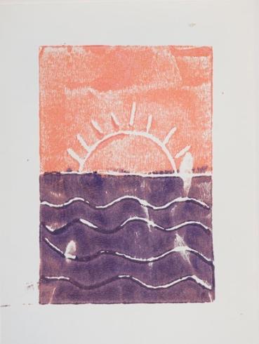 Orange and purple print with the sun setting in the ocean.