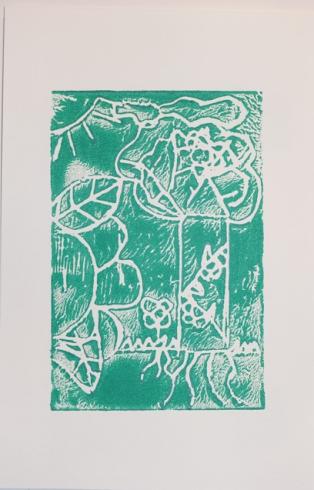Green print with flowers and trees.