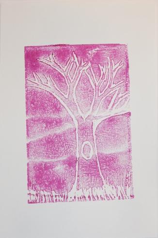 Pink print with a leafless tree in the grass.