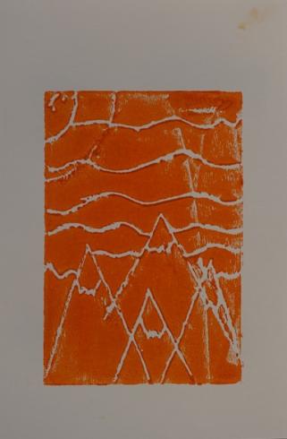 Orange print with three mountains.