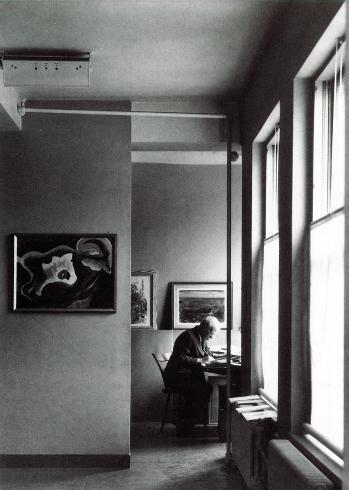 Alfred Stieglitz at An American Place with Dove in foreground