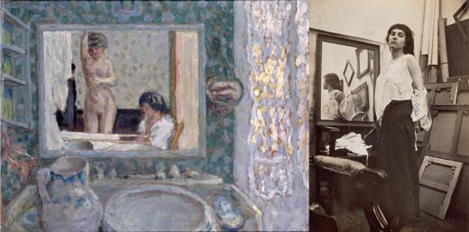 left: The Mirror in the Green Room (1908), right: Model taking off her blouse in Bonnard’s Paris studio (c. 1916)