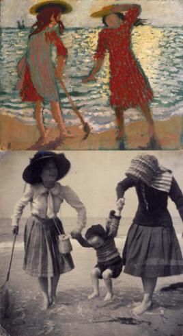 top: On the Beach (Two Girls against the Light) (1892), bottom: Two girls, paddling in the sea, swinging little Madeleine, Perros-Guirec (1909)