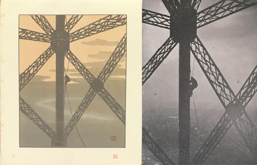 left: Plate 36, The Painter in the Tower, from Thirty-Six Views of the Eiffel Tower (1888–1902), right: Painter on a knotted rope along a vertical girder, below an intersection of girders (1889)