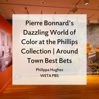 Installation image of Bonnard's Worlds. Text overlay reads, 'Pierre Bonnard's Dazzling World of Color at the Phillips Collection | Around Town Best Bets, Philippa Hughes, WETA PBS'