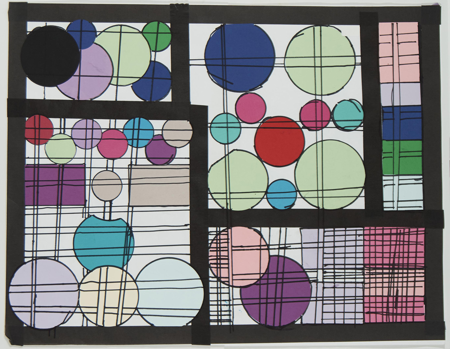 Artwork with lines and colorful circles created by students