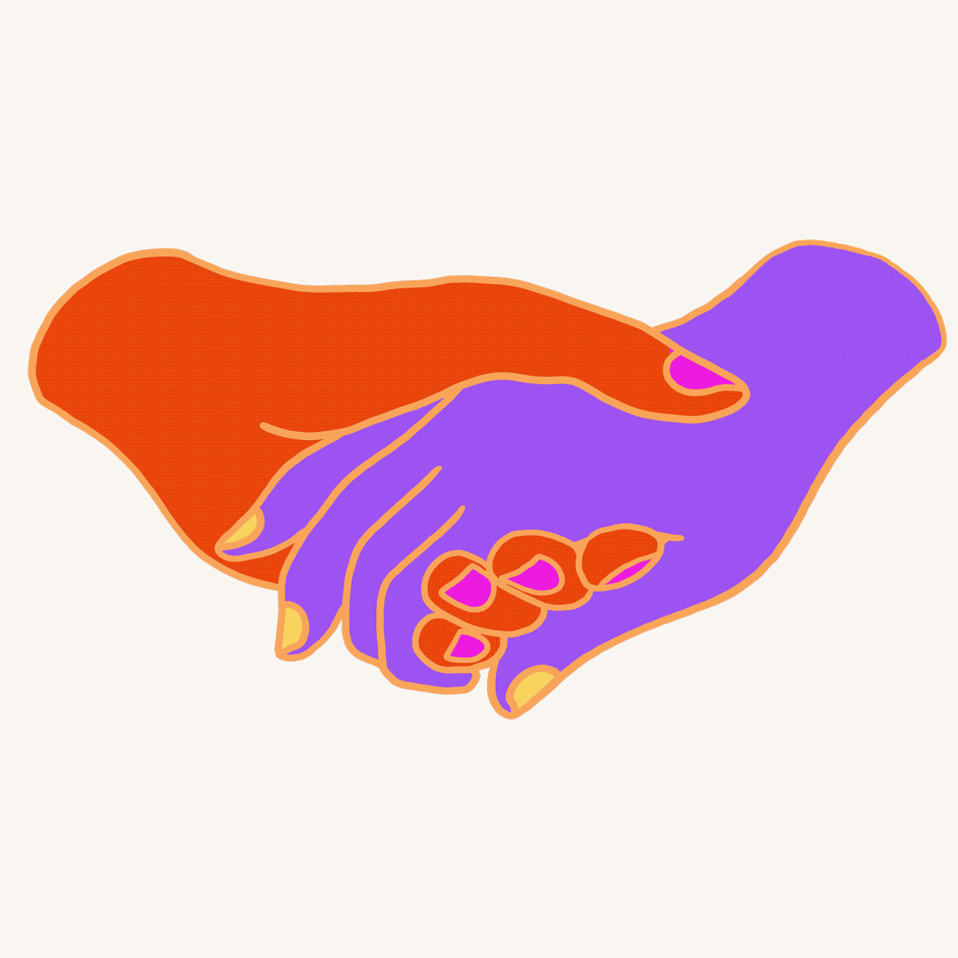 Gif of purple and red hands holding and turning into illustration of birds in a next