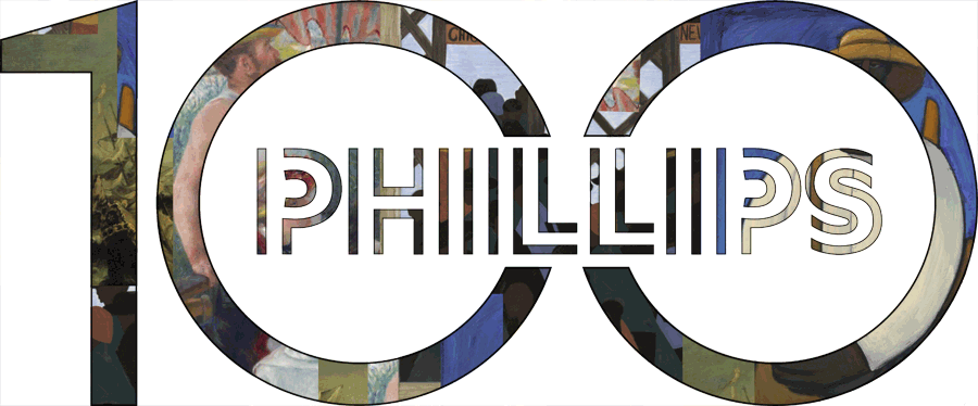 Gif of Phillips Centennial logo with collages images flashing different colors