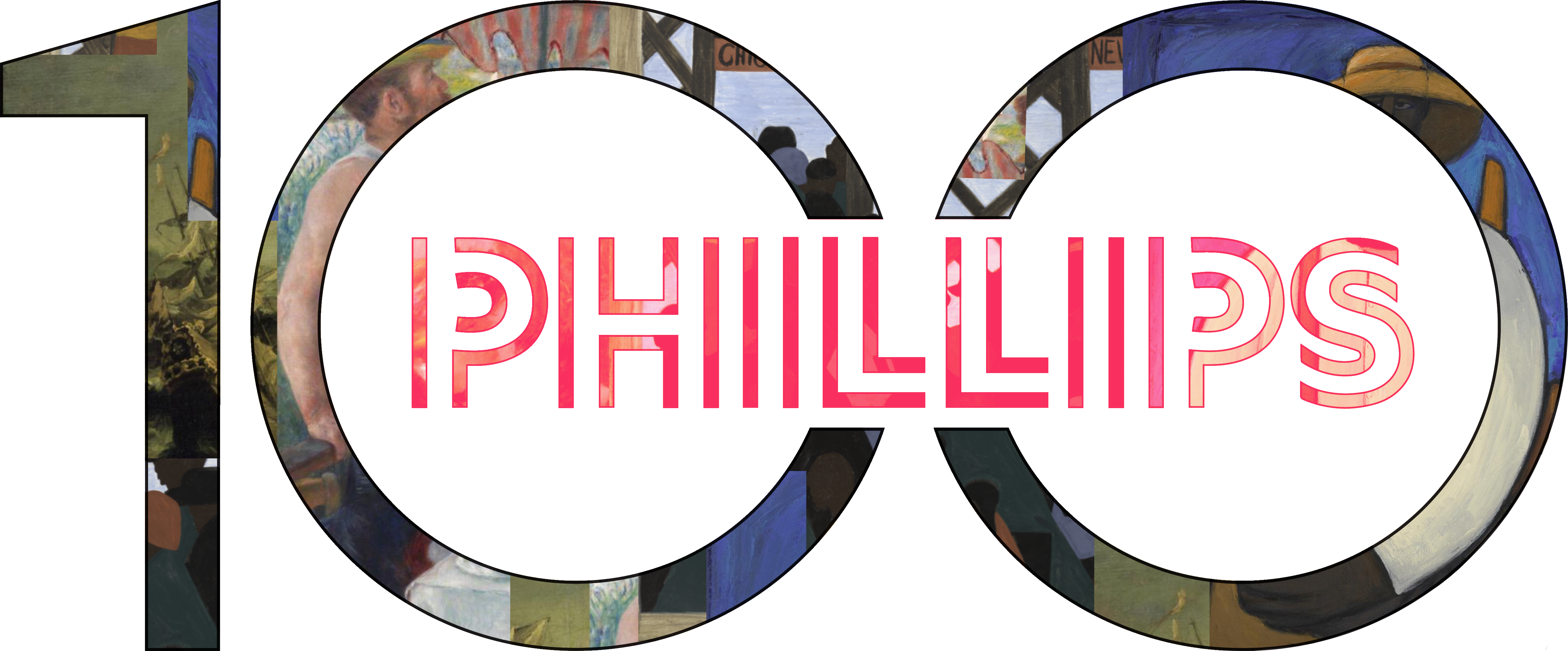 Phillips centennial logo with artworks in the 100 outline
