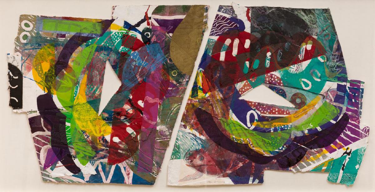 A collage of bright, colorful papers in a variety of shapes by Sam Gilliam