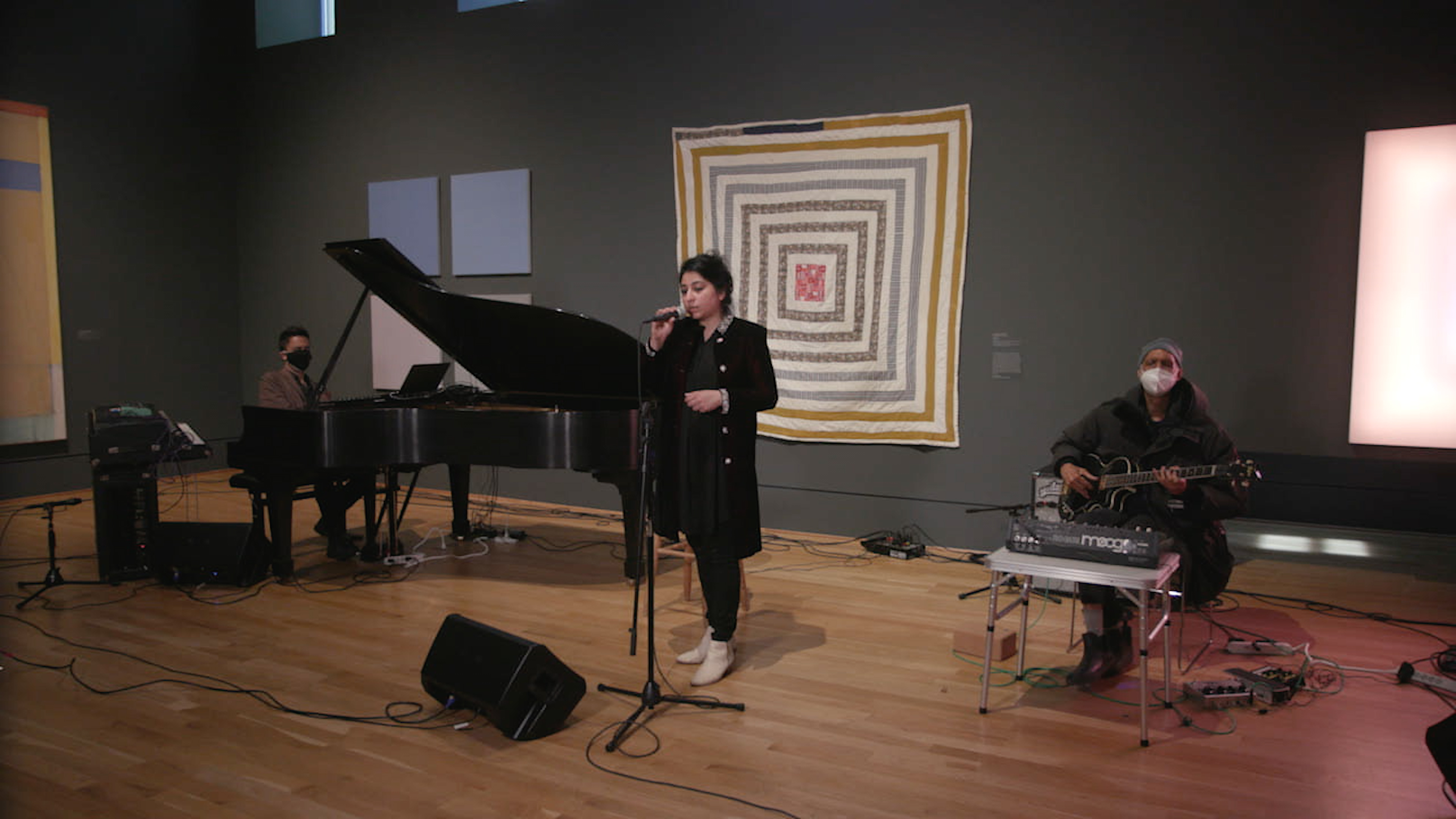 Image of Arooj Aftab, Vijay Iyer, and Shazad Ismaily. 