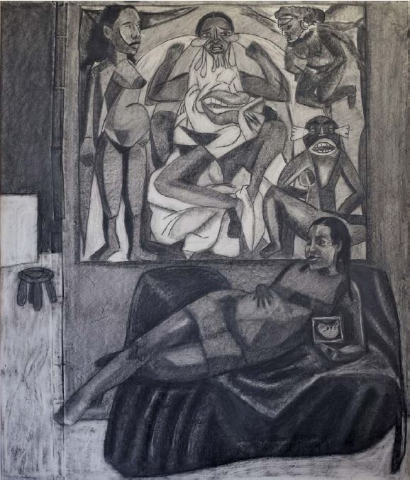 Mequitta Ahuja charcoal painting for her painting Xpect