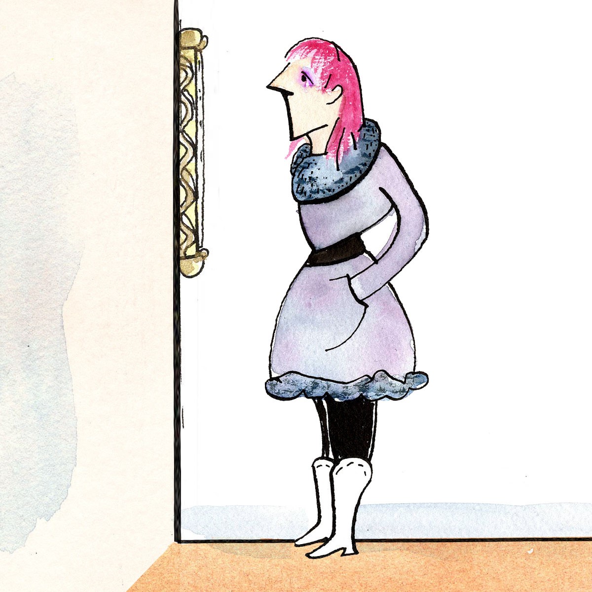 Illustration of a woman with pink hair looking at a framed artwork on the wall